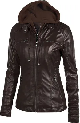 Image de ASKSA Veste en cuir pour femmes Courte veste à capuche Veste de moto avec fermeture éclair Vêtements d'extérieur, café, L