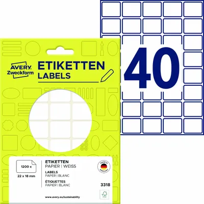 Produktbild von Avery Zweckform 3318, Vielzweck-Etiketten, 22 x 18 mm, 1.200 Etiketten / 30 Bögen, Weiß