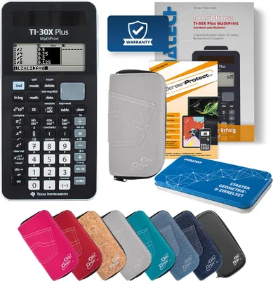 Produktbild von TI-30X Plus MP Taschenrechner mit Tasche hellgrau, Schutzfolie, Buch & Zirkel Set