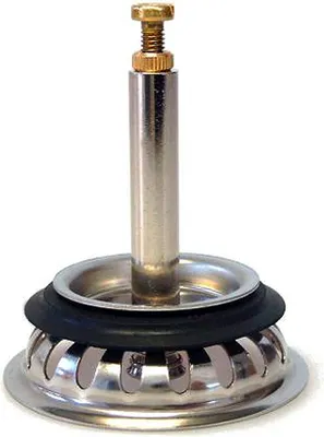 A sink strainer basket with a central post and screw.
