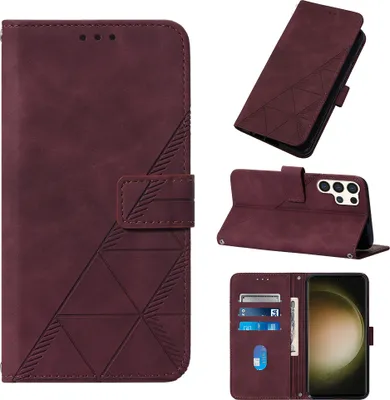 Produktbild von Galaxy S25 Ultra Hülle, Schlank Prägung Leder Kartenfächer Schutzhülle mit Ständer für Samsung Galaxy S25 Ultra Rot