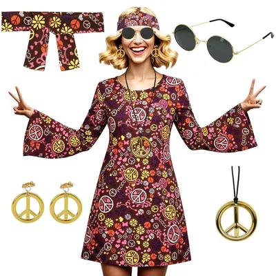 Image de Costume hippie pour femmes, avec accessoires, idéal pour les fêtes
