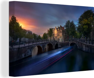 Produktbild von OneMillionCanvasses® - Leinwandbilder - 140x90 cm, Amsterdamer Grachten - Brücken - Grachtenhäuser, Wandbilder Kunstdruck Wanddekoration