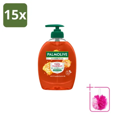 Immagine prodotto di 15 flaconi di sapone liquido per le mani Palmolive Hygiene Plus, formato famiglia, 300 ml ciascuno. Confezione risparmio, 15 pezzi