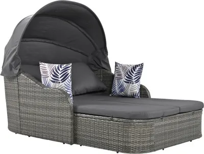Produktbild von Sonneninsel 126 x 203 x 120 cm Grau PE-Rattan + Metall Garten-Essgruppe PE-Rattan Baldachin Doppel-Lounge Set PE-Rattan verstellbarem