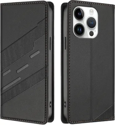 Produktbild von Hülle für iPhone 15 Pro, Kunstleder Brieftaschen Handyhülle mit Kartenfach und Standfunktion Schwarz