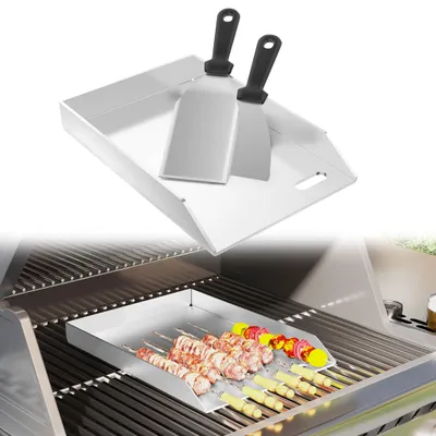 Obrázok produktu pre Grilovacia a pečacia doska z nehrdzavejúcej ocele, plancha, rozmer 20×30×4 cm, hrúbka 4 mm, s odvodom tuku, vrátane 2 grilovacích špachtlí, vhodná do umývačky riadu