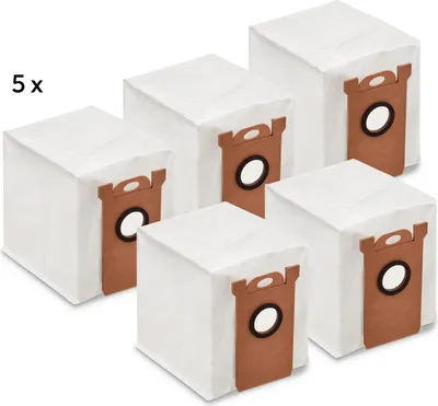 A group of five white vacuum cleaner dust bags with brown cardboard connectors.