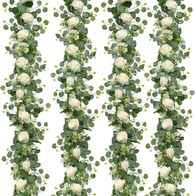 Image de Guirlande de fleurs d'eucalyptus artificielles avec des roses blanches