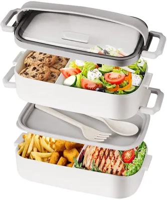 Immagine prodotto di Ibenzoa® Lunchbox da 1600 ml – impilabile, con 2 scomparti, realizzata in PP senza BPA, a prova di perdite, resistente da -20 °C a 220 °C, adatta al microonde e al congelatore, include cucchiaio e forchetta