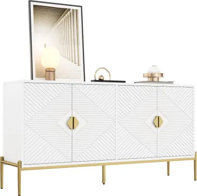 Produktbild von AIORBER Kompaktes Sideboard mit 4 Türen, viel Stauraum und geometrischer Front, Schrank für Wohnzimmer/Esszimmer/Eingang, Weiß