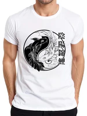 Productafbeelding van Japans Koi-vis, Yin Yang, Kanji, Zen, Harmonie, Nishikigoi, heren T-shirt, wit, maat M
