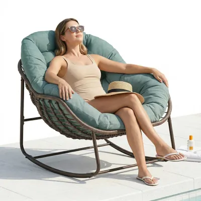Produktbild von LVHOM Schaukelsessel Garten mit gepolstertem Kissen, Rattanstuhl mit Stahlrahmen, Schaukelstuhl Outdoor Loungesessel, Sessel für Balkon, Grün