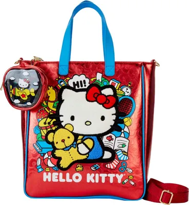 A red Hello Kitty tote bag with a detachable coin purse.