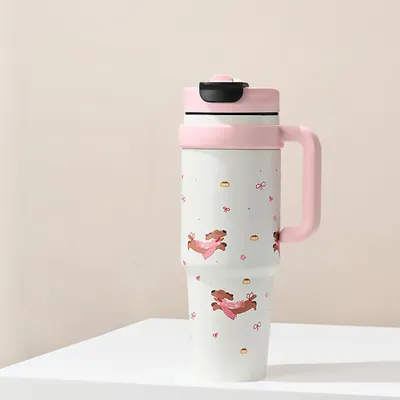 Produktbild von Thermobecher,Tragbarer Thermosflasche, Edelstahl-Isolierflasche, Trinkflasche mit Trinkhalm, Leckfreie Isolierflasche 1000ML C Rosa /GQG316/