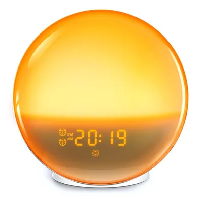 A sunrise alarm clock with a digital display showing the time.