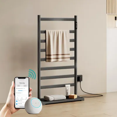 Produktbild von EMKE Elektrischer Handtuchheizkörper ohne bohren, 285 W Weiß, Thermostat & Timer, App & Sprachsteuerung, Handtuchwärmer