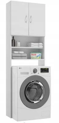 A white cabinet for a washing machine with two doors on top and shelves below, a washing machine beneath it.