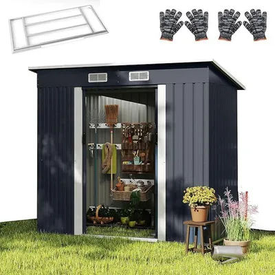 Produktbild von Gartenhaus Metall, Geräteschuppen wetterfest aus verzinktem Stahl, Gerätehaus mit abschließbaren Schiebetür, Schrägdach, Belüftungsöffnungen, für Garten & Hof, 213 x 112 x 186 cm, Anthrazit