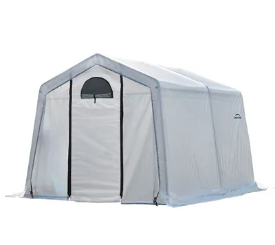 A white tent structure with a gray frame and trim, shown from a front-diagonal angle against a white background.