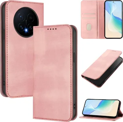 Image de Housse de téléphone portable pour Honor Magic8, Vintage Cuir RFID Protection Porte-carte Stand Fonction Housse à rabat magnétique Rose