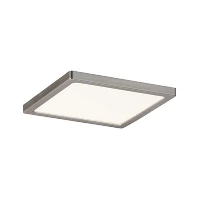 A square, flat LED panel light with a brushed nickel frame and a white diffuser.