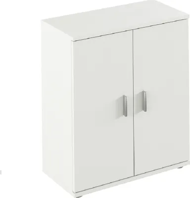 A white two-door cabinet with silver handles, shown from a slightly elevated angle against a white background.
