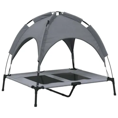 A gray dog bed with a canopy, shown against a white background.