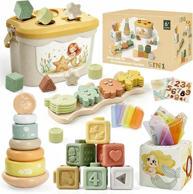 Produktbild von Montessori-Spielzeug ab 6 Monaten – 5-in-1-Motorikspielzeug für Babys im Alter von 6-9 Monaten – Mit Klangblöcken und einer Spielzeugkiste