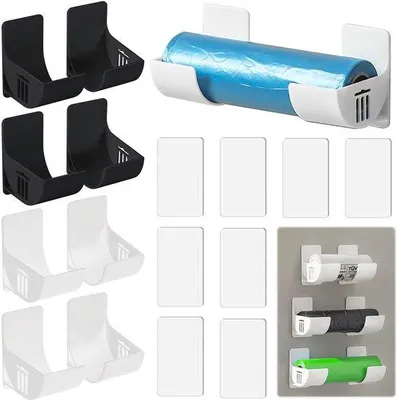 Produktbild von Unyqoos® Selbstklebender Müllbeutelhalter & Wand-Organizer, 8‑teilig (4 Schwarz/4 Weiß), hochwertiger Kunststoff, ohne Bohren – für Müllsäcke, Folie, Küche, Bad
