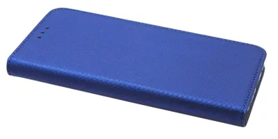 A blue flip case for a smartphone is shown against a white background.
