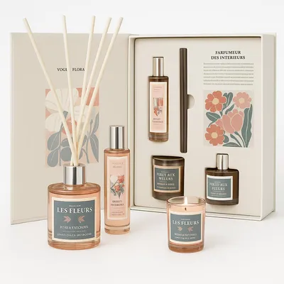 Immagine prodotto di Lussuoso set regalo profumato - candela profumata, diffusore a bastoncino in rattan e spray - 25 x 19 x 6 cm - confezione regalo - set regalo per uomo e donna - beige