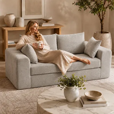 Produktbild von PixelPilot 2-Sitzer Sofa mit weichem Stoffbezug, breiten Armlehnen und 4 Kissen, Wohnzimmer Couch