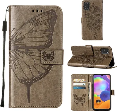 Produktbild von Galaxy A21S Hülle, Schmetterling Prägung Flip Leder Kartenfächer Schutzhülle Ledertasche mit Ständer für Samsung Galaxy A21S Grau