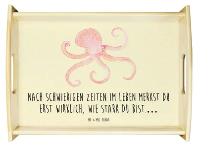 Produktbild von Mr. & Mrs. Panda Serviertablett Tintenfisch - Gelb Pastell - Geschenk, tablett für bett, Wasser, Sofa, Lustige Sprüche, Ozean, Meerestier, Krake, Holztablett, Meer, Deko
