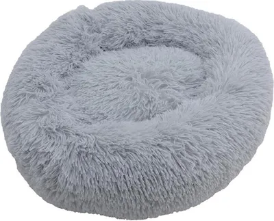 A round, fluffy gray pet bed.