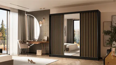 Zdjęcie produktu dla Szafa z lamelami i lustrem LARA 240 cm Czarna szafa przesuwna z lamelami dąb artisan na froncie Gładka trzydrzwiowa Szafa z lamelami i lustrem Szafa na ubrania z lamelami