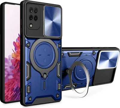 Produktbild von Handyhülle für Samsung Galaxy A12 Dual-Layer Stoßfest Rüstung Hülle mit Dia Kameraschutz und Kreisförmig Ring Ständer Blau