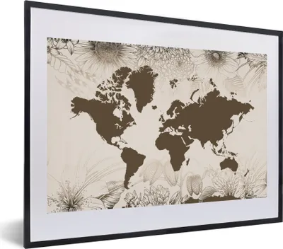 Produktbild von MuchoWow® MuchoWow® Gerahmtes Poster Weltkarte - Vintage - Blumen 60x40 cm - Poster mit zchwarzem Bilderrahmen - Schlafzimmer - Plakat in Rahmen - Drucken