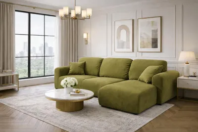Image de Canapé d'angle  avec fonction couchage et coffre de rangement, canapé en L Bingo L, tissu velours Salvador, couleur olive, version droite