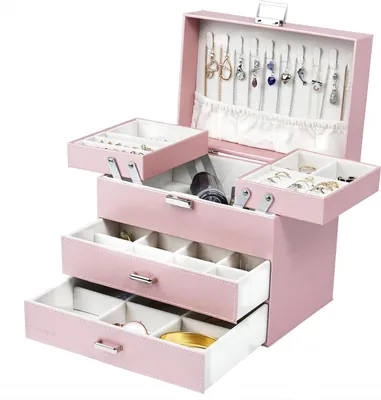 Produktbild von Schmuckkästchen – Schmuckschatulle – Aufbewahrungsbox – Zur Aufbewahrung von Schmuck – Vier Ebenen mit Schubladen – 23 x 16 x 19 cm – Rosa