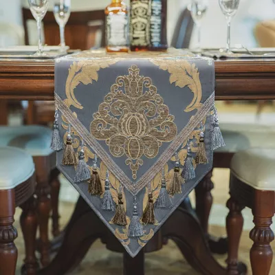 Immagine prodotto di Runner da tavolo con frange, tessuto jacquard, 33x228 cm, grigio e blu