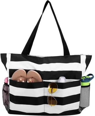 Image de Ibenzoa® Grand sac de plage et sac fourre-tout pliable avec fermeture éclair – Polyester, 42 x 14 x 37 cm, 45 L, plusieurs compartiments, utilisable en bandoulière ou à la main