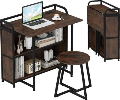 Produktbild von Klappbarer Schreibtisch mit Steckdose, Hocker und Ablageflächen, 90x55x83 cm