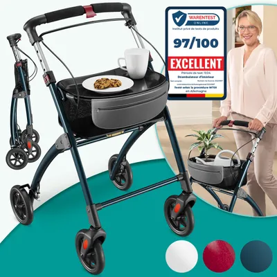Image de ELONEO Rollator d'appartement 54cm de large, pliable et léger, plateau et panier en tissu inclus, rollator étroit pour l'appartement, rollator d'intérieur, pliable, aluminium,mobilité à domicile anthracite