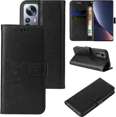 Produktbild von Handyhülle für Xiaomi 12 Pro Floral Blumen Schmetterling Flip Cover Hülle Case Klapphülle Handytasche Farbe: Schwarz