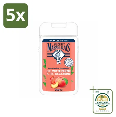 Imagen del producto de 5 unidades de gel de ducha Le Petit Marseillais, fórmula orgánica con melocotón y nectarina, 250 ml. Pack ahorro