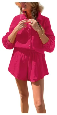 Immagine prodotto di Completo da donna, due pezzi: maglia a maniche lunghe e pantaloncini, colore rosso, stile casual