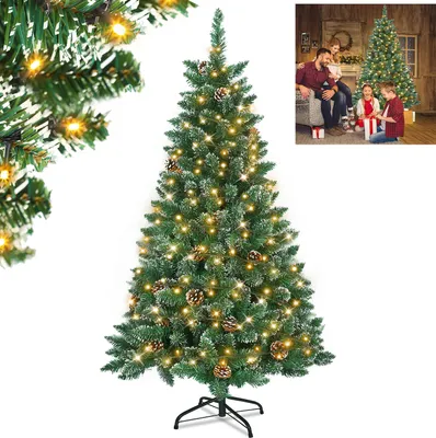 Productafbeelding van LZQ 180 cm PVC kunstkerstboom met warm witte LED-verlichting, kerstboom met sneeuw en dennenappels, kerstdecoratie