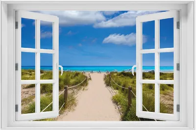 Produktbild von Wallario Wandbild mit Fenster-Illusion: Sandweg zum blauen Meer mit blauem Himmel, Größe: 61 x 91,5 cm, Poster mit weißem Aluminiumrahmen